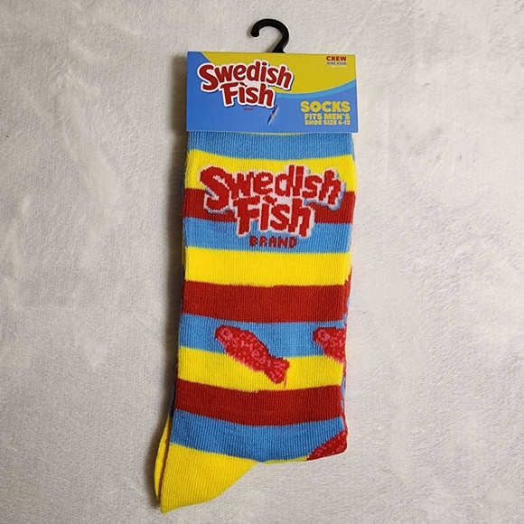 Swedish Fish Socks One Pair Crew Fits Women's Size 7.5 - 13 Red Yellow Blue NEW - Picture 1 of 6